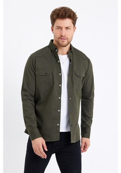 Cool Tarz Erkek Haki Çift Cepli Çıt Çıt Düğmeli Slim Fit Kot Gömlek-tcktgmlkr05s Haki Haki