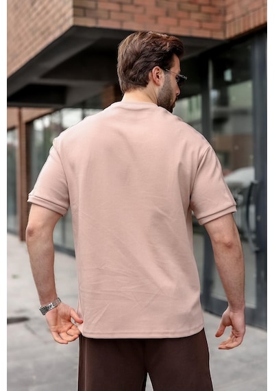 Madmext Camel Şerit Detaylı Modern Kesim Erkek Tişört E7182