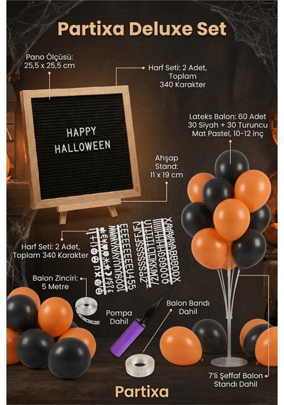 Cadılar Bayramı Halloween Süsleme Deluxe Set Siyah Keçe Yazı Panosu Standlı Pompa Balon Zincirli 7 Li Şeffaf Balon Standlı 3+