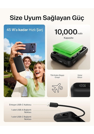 Belkin Bpb029hqbk Ultracharge 10000mah 45w Dahili Usb-c Kablolu Dijital Göstergeli Powerbank - Siyah