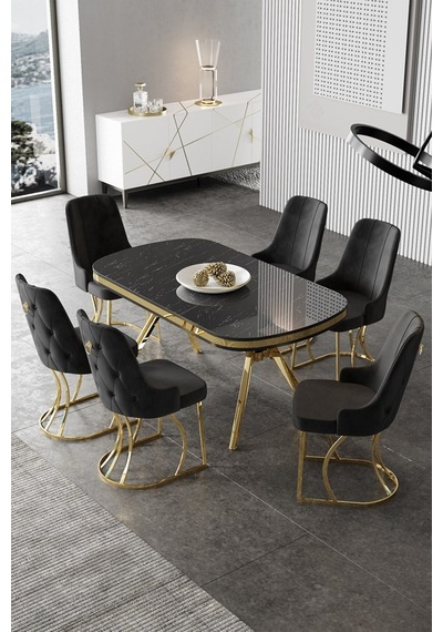 Canisa Epal Serisi 90x168 Lak Panel Siyah Mermer Desen Masa Takımı Gold Ayaklı 6 Siyah Sandalye Masa Siyah Mermer Desen Sandalye Siyah Canisa Epal Serisi 90x168 Lak Panel Siyah Mermer Desen Masa Takımı Gold Ayaklı 6 Siyah Sandalye Masa Siyah Mermer Desen Sandalye Siyah