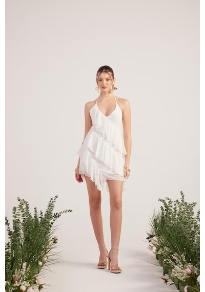 Holly Lolly Fırfır Detaylı Şifon Kumaş Mini Ulya Elbise Beyaz