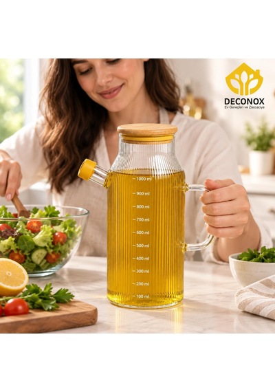 Bambu Kapaklı Çizgili Cam Yağlık 1000 Ml, Kulplu Yağdanlık, Kapaklı Dökme Ağızlı Şeffaf Zeytinyağı Ve Sıvı Yağ Şişesi, 1 Litre