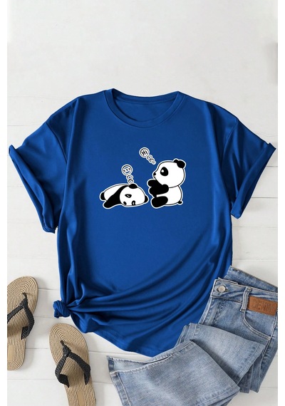Unisex Uykucu Panda Baskılı Tasarım Tshirt Mavi