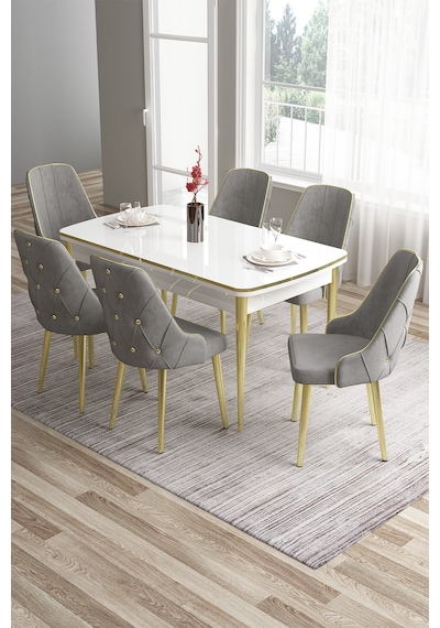 Canisa Tia Serisi, 80x132 Beyaz Açılabilir Mdf Yemek Odası Takımı 6 Gri Sandalye Gümüş Detay Masa Beyaz Sandalye Gri Canisa Tia Serisi, 80x132 Beyaz Açılabilir Mdf Yemek Odası Takımı 6 Gri Sandalye Gümüş Detay Masa Beyaz Sandalye Gri