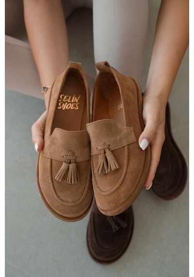 Selin Shoes Belluno Hakiki Deri Püsküllü Kadın Loafer- Taba Süet