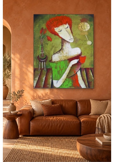 Fida Kızıl Saçlı Kadın Çay Molasında Canvas Tablo Çok Renkli