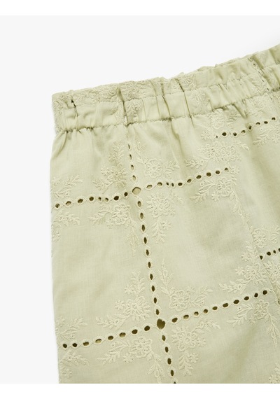 Koton Pamuklu Paperbag Brodeli Yüksek Bel Şort Yeşil 5skg40080aw Yeşil