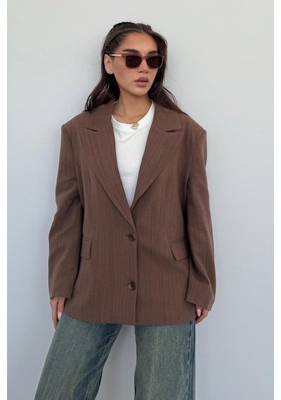 Kahverengi Keten Blazer Kadın Ceket Mg2443 Kahverengi
