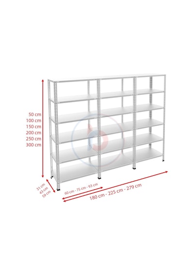 Raf Burada  6 Katlı 3'lü Galvaniz Çelik Raf - Depo, Arşiv, Kiler, Dosya, Market Rafı-43x93 cm-300 cm-0.70 mm
