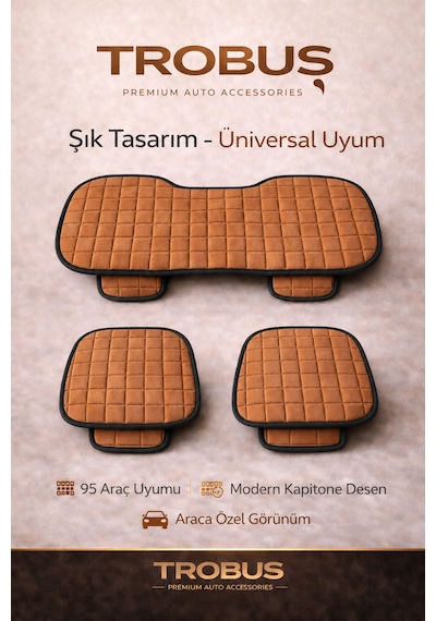 Ford Transit 2014-2020 Üniversal Soft Alkantra Kare Desen 3 Parça Oto Koltuk Minderi Taba
