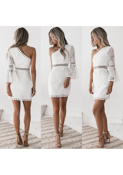 Fashion Cocktail Romantik Dantelli Tek Kollu Asimetrik İnce Astarlı Mini Davet Elbise Ekru Ekru