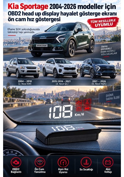 Kia Sportage 2004-2026 Modeller İçin Obd2 Head Up Display Hayalet Gösterge Ekranı Ön Cam Hız Göstergesi
