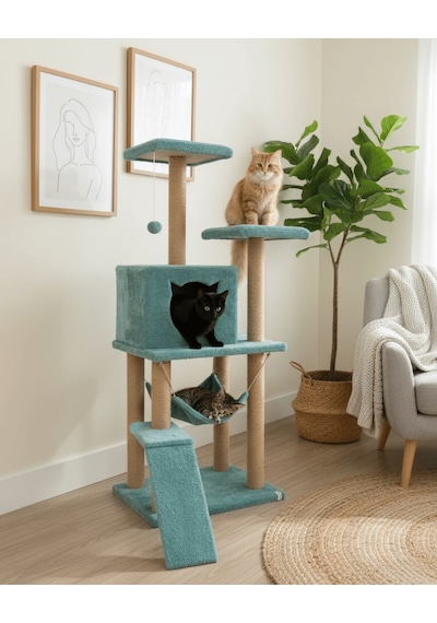 Reyo Pet S9 Kedi Tırmalama Kulesi Platformlu 124 Cm Turkuaz
