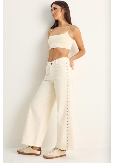 Shade Kadın Yanları Metal Detaylı Wide Leg Denim Pantolon 60282058 - Krem