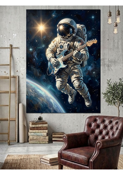 Uzayda Gitar Çalan Astronot Tablosu Dekoratif Kanvas - Mdf Ahşap Tablo Çok Renkli