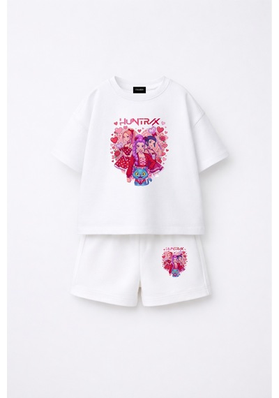Fasardi Kpop Demon Hunters Huntrix Zoey Rumi Mira Baskılı Oversize %100 Pamuk Tişört Şort Çocuk Takım Beyaz