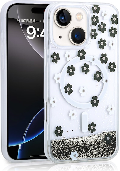 Apple Uyumlu iPhone 15 Kılıf Sıvılı Simli Baskılı Şeffaf Arka Yüzey Zore Mossa Silikon Kapak Siyah