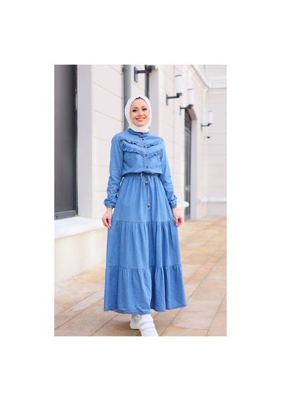 Harman Butik Kadın Fır Fırlı Denim Kot Elbise Açık Mavi