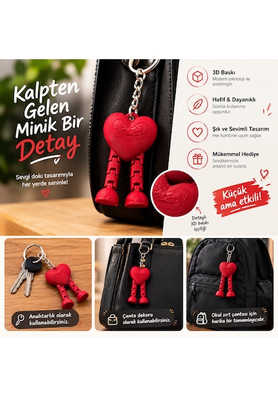 Kırmızı Kalp Figürlü Hareketli 3d Baskı Anahtarlık Çanta Ve Okul Sırt Çantası Süsü