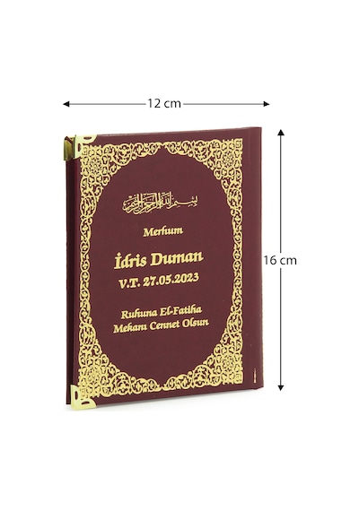 50 Adet İsim Baskılı Ayet-el Kürsi Desenli Yaldızlı Deri Ciltli Çanta Boy Yasin Kitabı Mevlüt Hediyesi 128 Sayfa Bordo