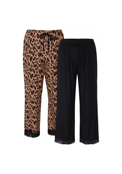 Siyah İnci 2'li Fiyonk Desenli Yumuşak Tuşe Kışlık Örme Tek Alt Pijama Altı 8074 Siyah Leopar