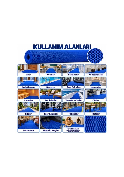 Hortumtech Bal Petek Paspas Kaydırmaz Pvc Islak Zemin Duş Havuz Su Tahliyesi 4 Mm - Mavi 120 X 750 Cm
