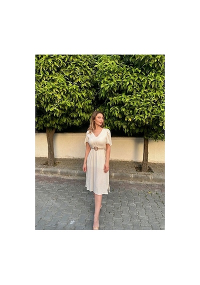 Rabia Çelik Kadın Nude Hasır Kemerli Midi Elbise Nude Nude