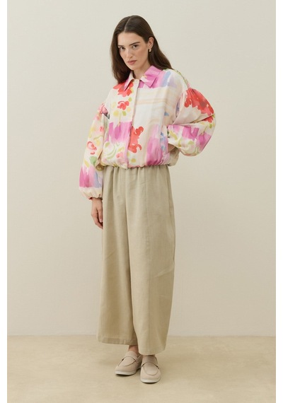 Molene Ekru Floral Tuval Desen Keten Bomber Ceket