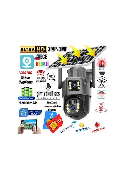 Mpıa Mıka-4g 3+3mp 4k 4g Sım Kartlı Solar Güvenlik Kamerası 360 Ptz Dual Lens Sim Kart Dahil