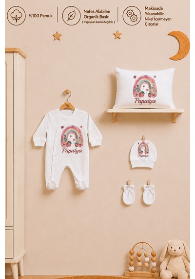 Pia Baby Kız Bebek İsimli Hastane Çıkışı 6 Parça Tulum Şapka Eldiven %100 Pamuk Hediye Seti 1097tybk0x Krem