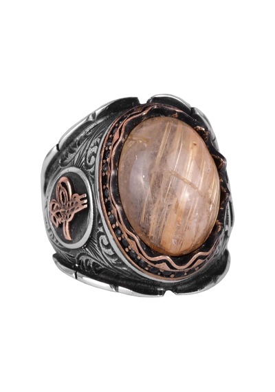 Cabochon Doğal Altın Rutilat Kuvars Taş Yüzük, Mistik 925 Ayar Saf Gümüş Erkek Yüzüğü, Osmanlı Tuğra Yüzüğü Gümüş