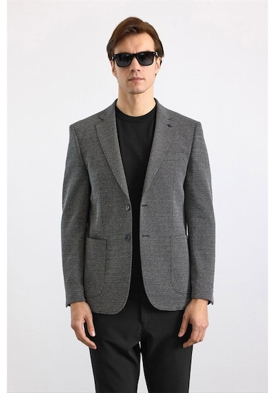Süvari Siyah Slim Sivri Yaka Düz Pike Torba Cep Yıkamalı 6 Drop Klasik Ceket Ct2021600431-s09