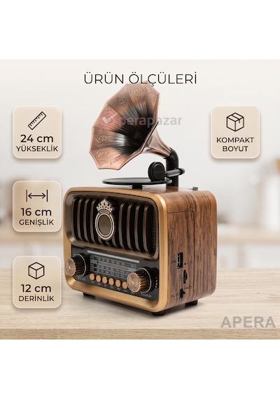 Nns Ns-7252bt Nostaljik Gramofon Radyo Bluetooth Hoparlör Şarj Edilebilir 1200mah Taşınabilir Müzik Çalar Kahverengi