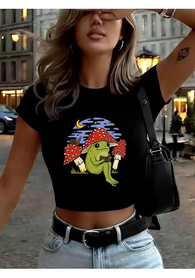 Tarzsokak Kurbağa Mantar Baskılar Kadın Kırpma Üstleri Yaz Uydurma İnce O-boyun Tees Yumuşak Kısa Kollu Siyah