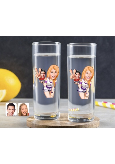 Kişiye Özel Renkli Baskılı Sevgililer Karikatürlü İkili Vodka Bardağı-30 Çok Renkli