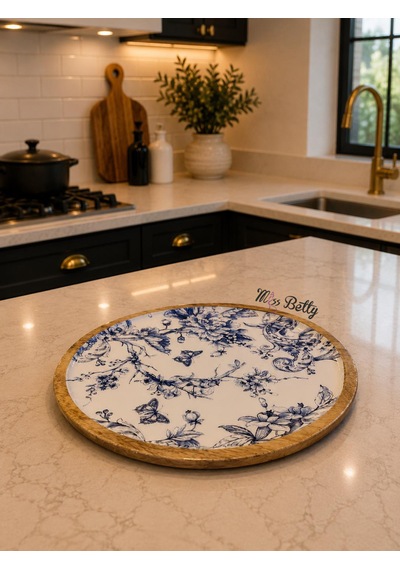 Blue Life Ahşap Yuvarlak Servis Tepsisi 30 Cm Mavi