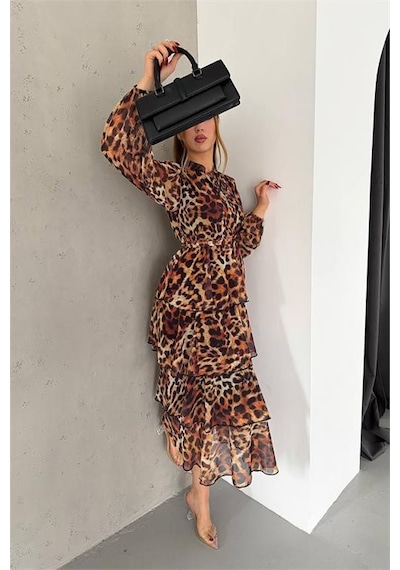 Dip Moda Kadın Yakası Bağlama Detaylı Desenli Şifon Elbise Dpnbk2036 Kahverengi Dip Moda Kadın Yakası Bağlama Detaylı Desenli Şifon Elbise Dpnbk2036 Kahverengi