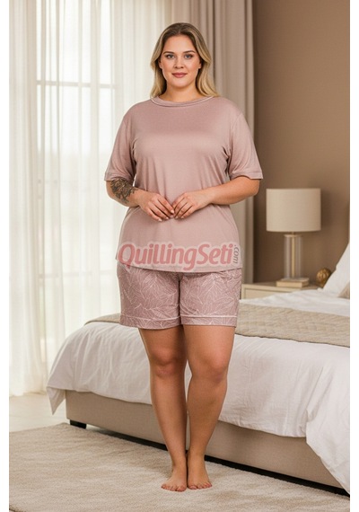 Lady Pudra Renk Çiçek Desenli 10446 Şortlu Büyük Beden Anne Pijama Takımı - 4xl