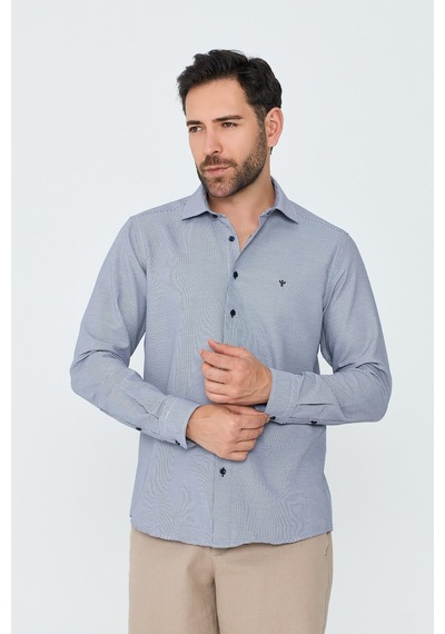 White Stone Lacivert Mikro Desenli Dynamic Fit Erkek Uzun Kollu Gömlek