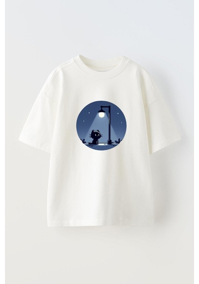 Thewert Unisex Gece Kedisi Tasarım Baskılı Pamuk Beyaz Oversize T-shirt