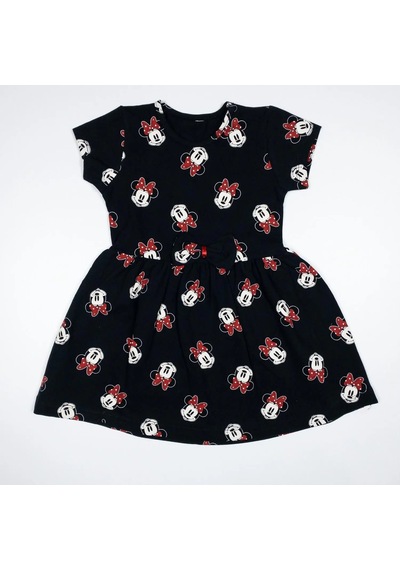 Momikon Minnie Mouse Desenli Fiyonk Detaylı Pamuklu Kız Çocuk Elbise Siyah