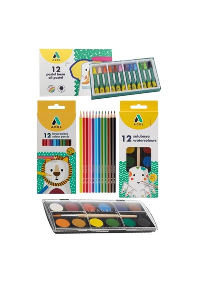 Öğrenci Okul Boyama Seti 3 Lü Adel 12 Renk Pastel Boya Kuru Boya Sulu Boya 12 Li Boya Set Kreş Seti