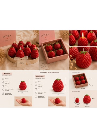 Lotéa Candles Strawberry Candles 4 Pieces Çilek Kokulu Çilek Mum 4 Adet Kırmızı