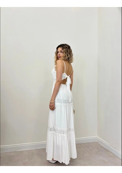Elora Atelier Sırt Bağlama Dantelli Beyaz Maxi Elbise Çok Renkli
