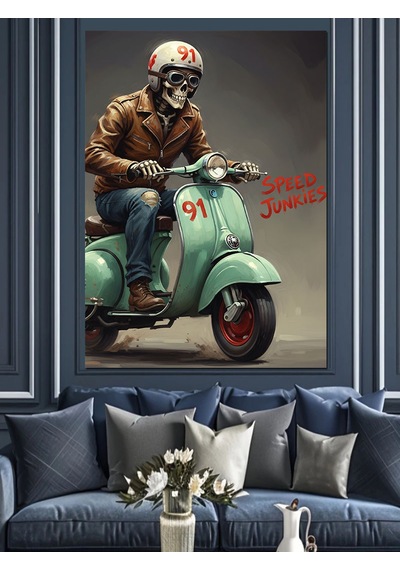 Ahşap Tablo Kasklı Scooter Süren Adam