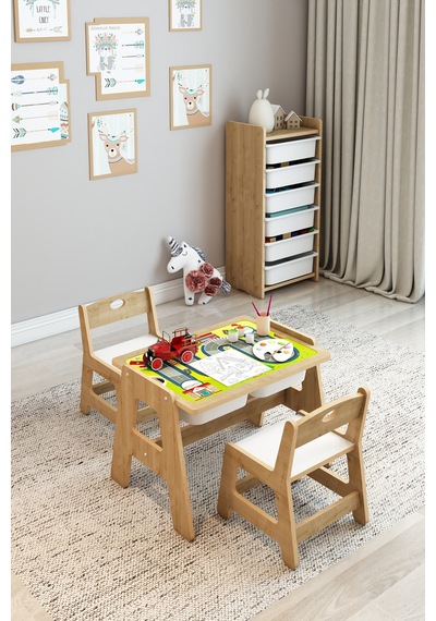 Fida Montessori Ahşap Aktivite Masa Ve 2 Sandalyeli Çocuk Seti Çocuk Odası Ve Oyun Alanı Mobilyası