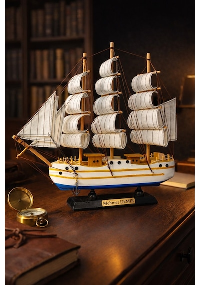 İsime Kişiye Özel Dekoratif Premium Ahşap El Yapımı Yelkenli Gemi Maketi 33x33 Cm Biblo Hediye 531-a Ahşap