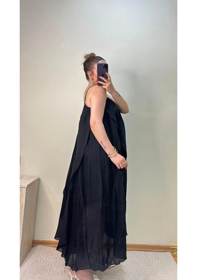 Elora Atelier Büzgülü Askılı Siyah Maxi Boy Elbise Çok Renkli