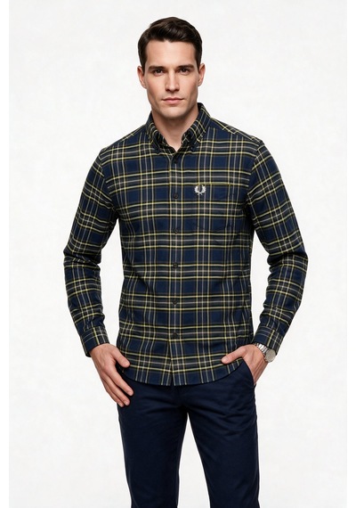 Fred Perry Erkek Normal Kesim Düğmeli Yaka Uzun Kollu Ekose Desenli Gömlek Koyu Mavi
